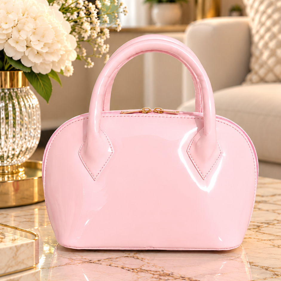 Pastel Pink Glossy Top Handle Handbag with cherry charm