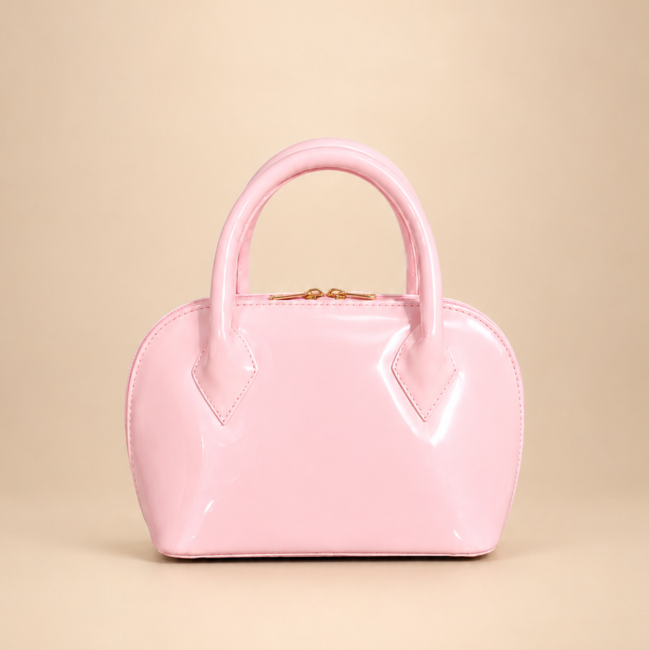 Pastel Pink Glossy Top Handle Handbag with cherry charm