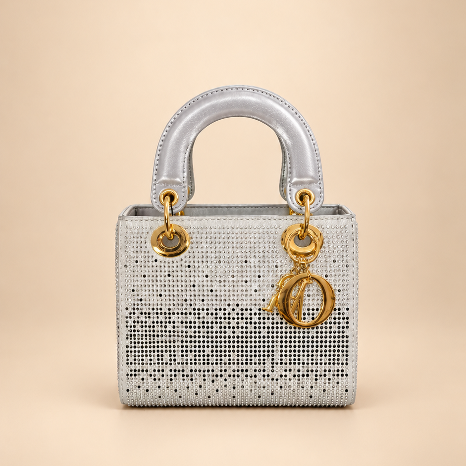Silver Rhinestone Embellished Top Handle Handbag