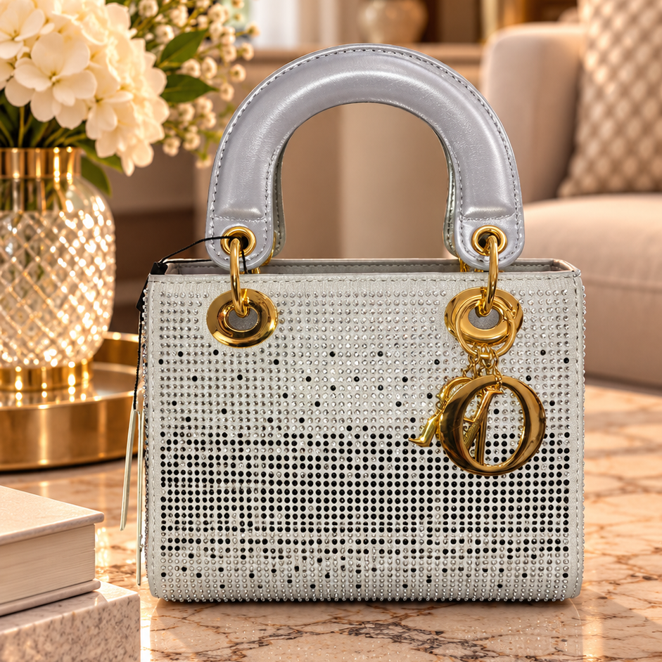 Silver Rhinestone Embellished Top Handle Handbag