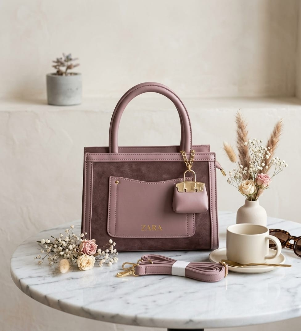 Elegant Blush Pink Structured Tote Handbag with Mini Charm & Crossbody Strap