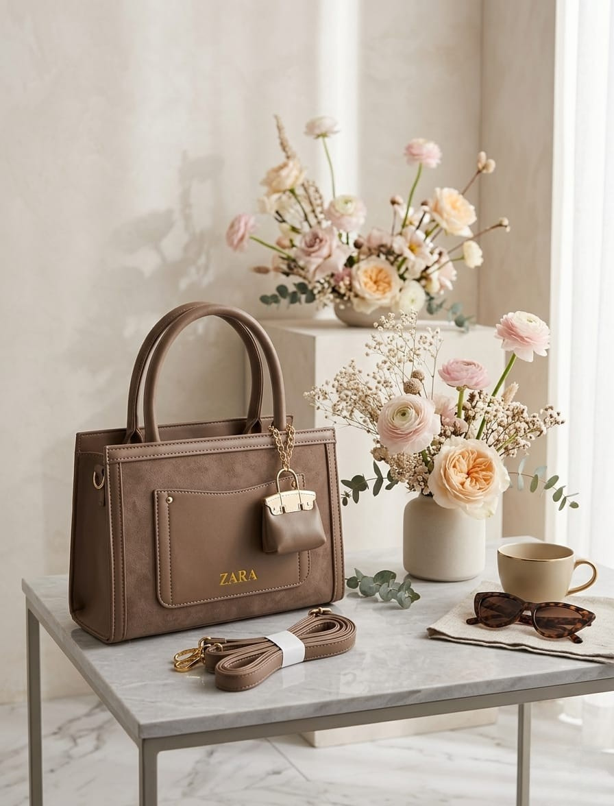 Elegant Taupe Structured Tote Handbag with Mini Charm & Crossbody Strap
