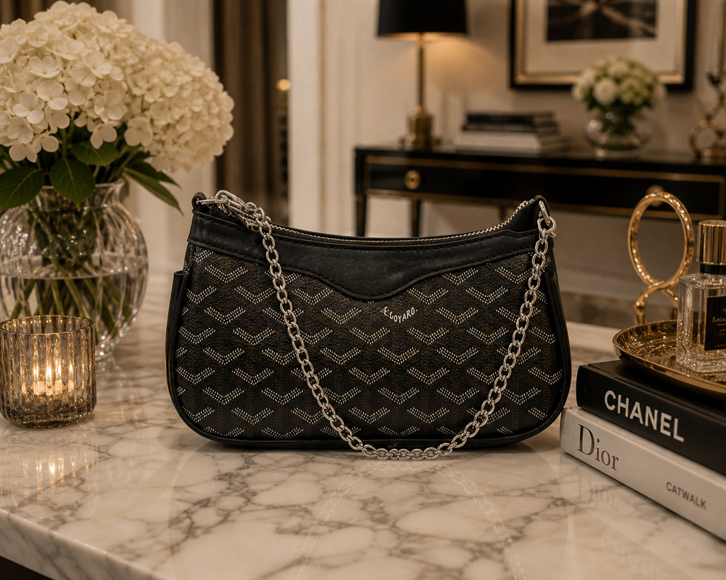 Black Patterned Chain Shoulder Bag with Premium Box Packing