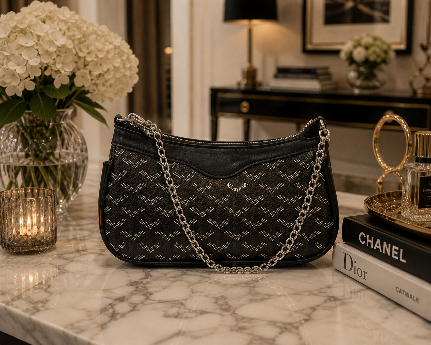 Black Patterned Chain Shoulder Bag with Premium Box Packing