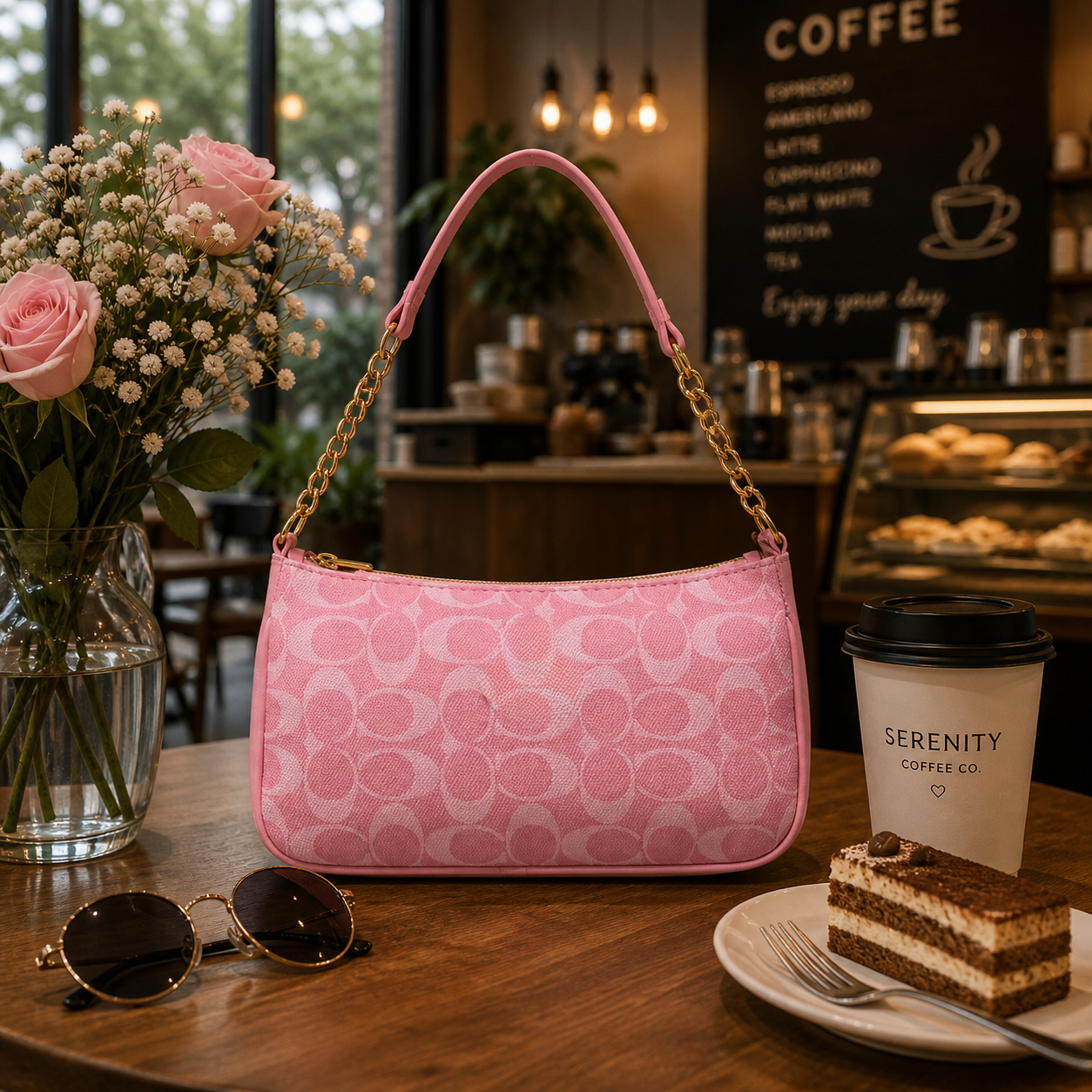 Pink Patterned Crossbody Bag with Gold Chain Strap