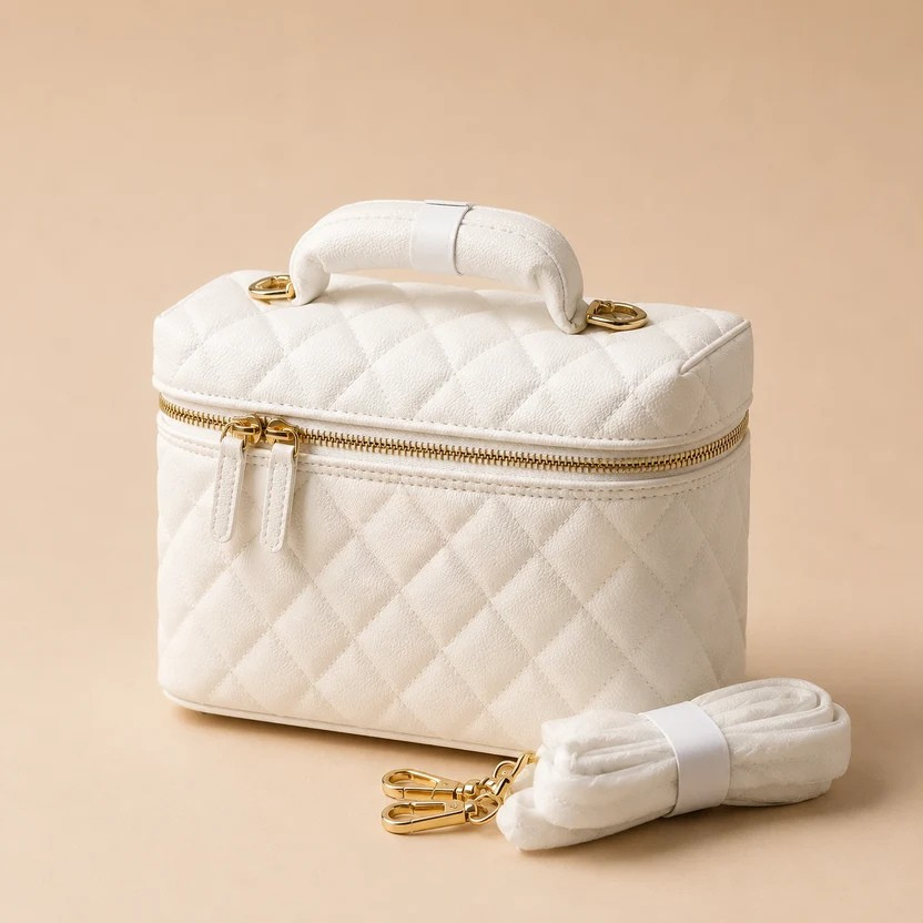 Elegant White Quilted Vanity Bag with Detachable Strap