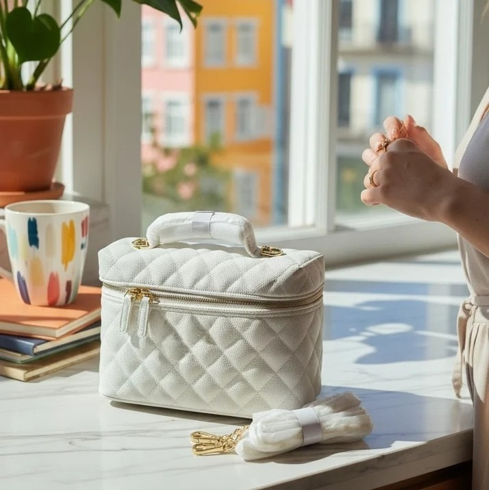 Elegant White Quilted Vanity Bag with Detachable Strap