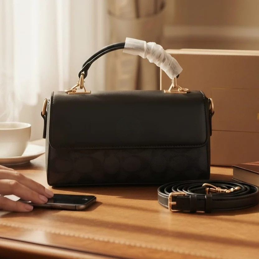 Elegant Black Structured Handbag with Detachable Shoulder Strap