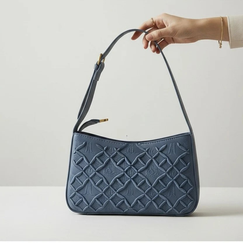 Blue Embossed Shoulder Bag with Adjustable Strap