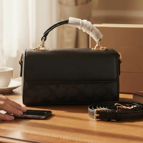Black Foldover Top Handle Bag with Shoulder Strap