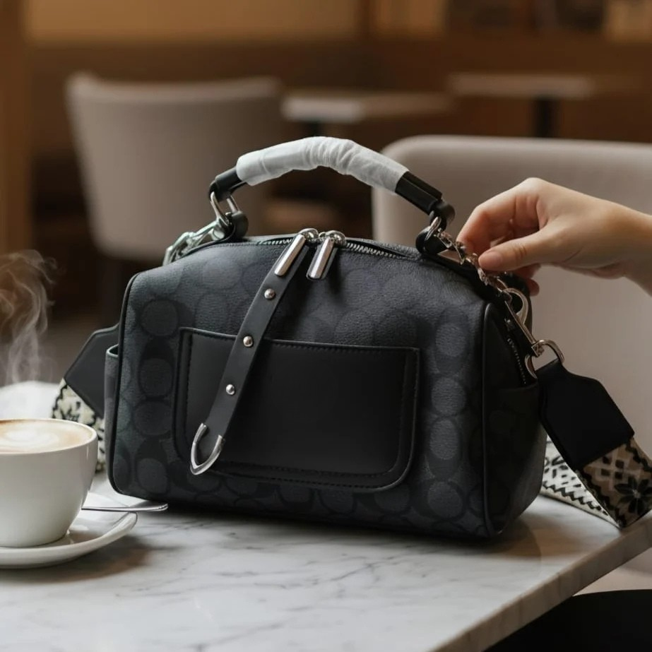 Black Signature Canvas Duffle Bag with Adjustable Strap