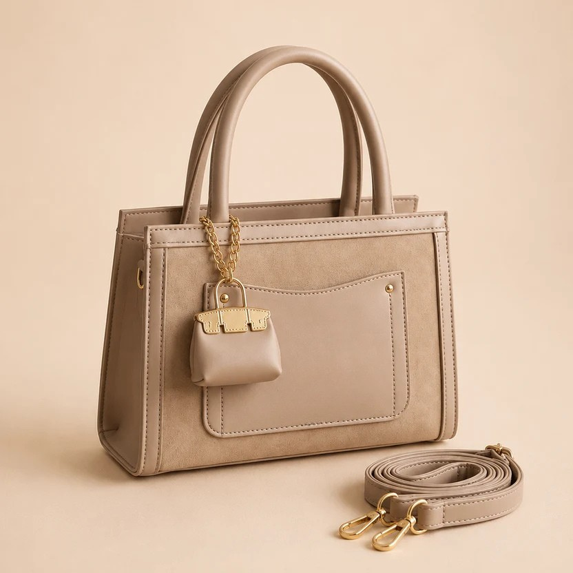 Beige Structured Hand Bag with Mini Pouch Charm & Adjustable Strap