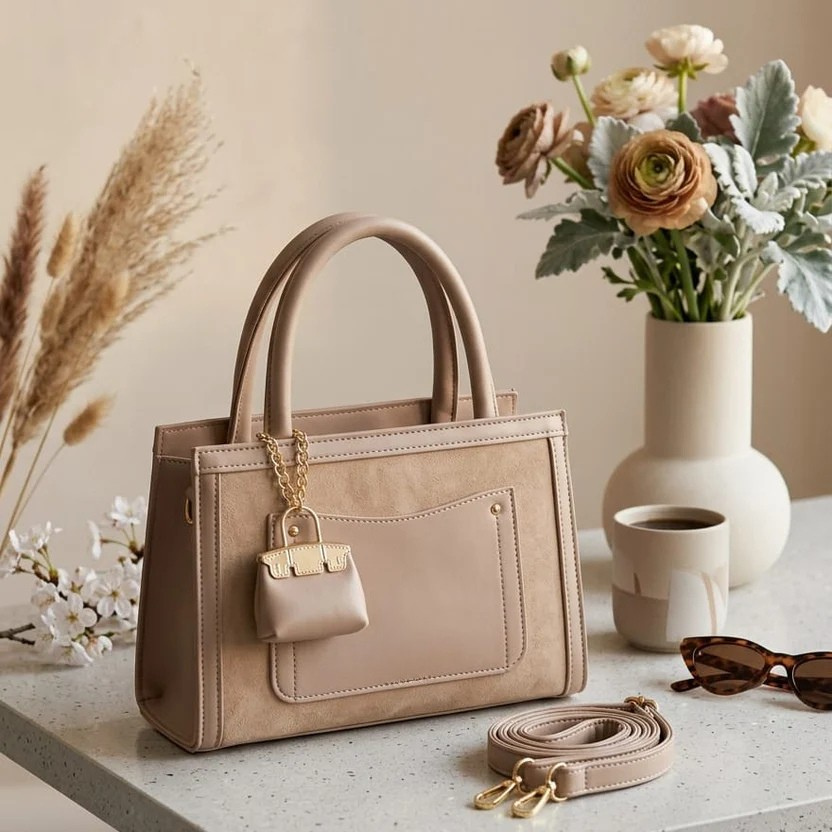 Beige Structured Hand Bag with Mini Pouch Charm & Adjustable Strap