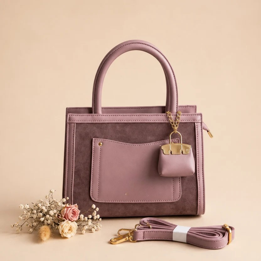 Mauve Structured Tote Bag with Mini Pouch & Adjustable Strap