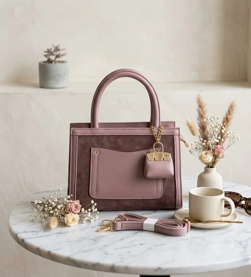 Mauve Structured Tote Bag with Mini Pouch & Adjustable Strap