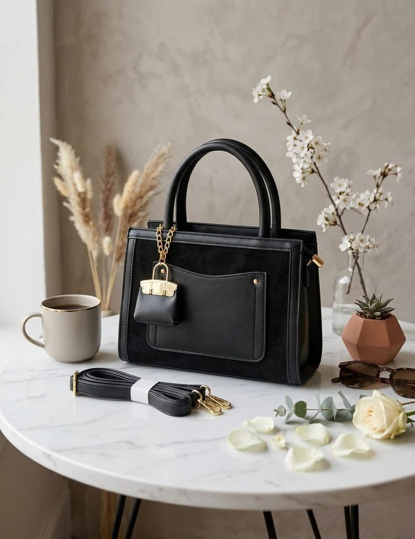 Black Structured HAND Bag with Mini Pouch Charm & Adjustable Strap