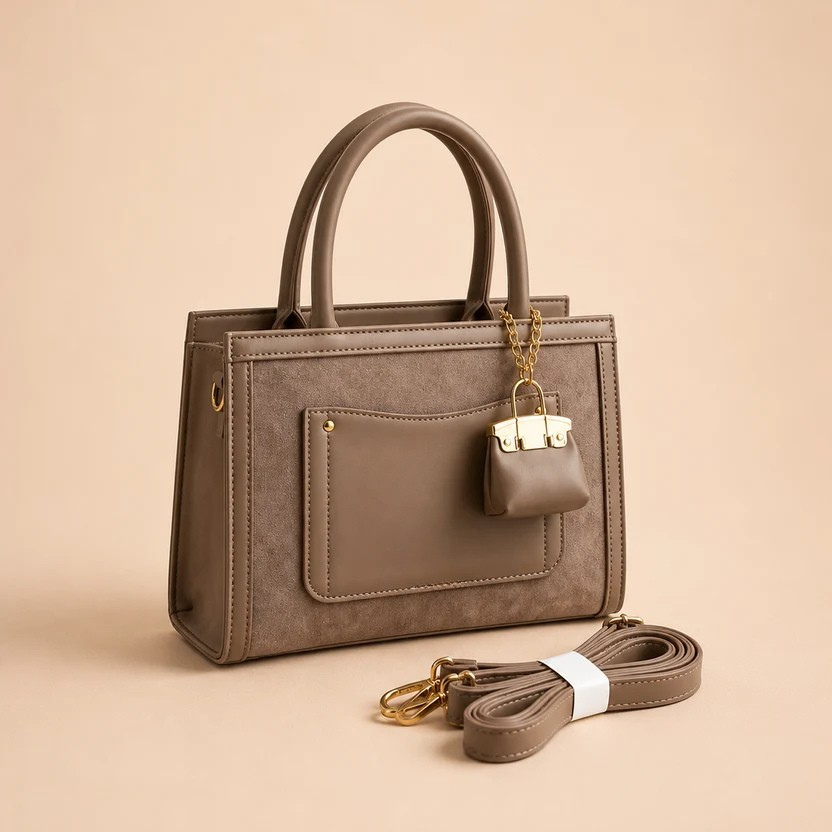 Taupe Structured Tote Bag with Mini Pouch & Adjustable Strap