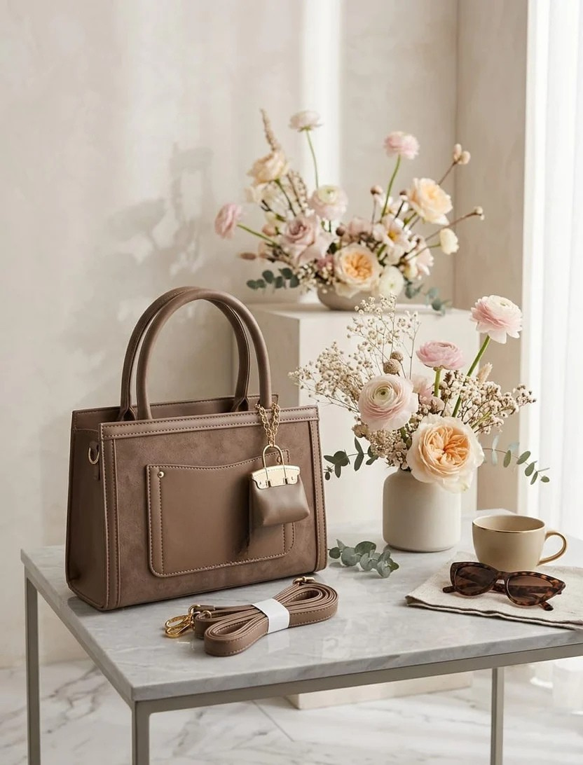 Taupe Structured Tote Bag with Mini Pouch & Adjustable Strap
