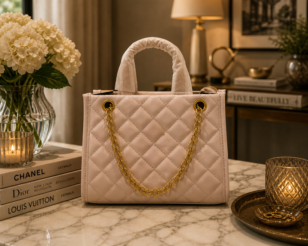 Cream Quilted Chain Handle Handbag