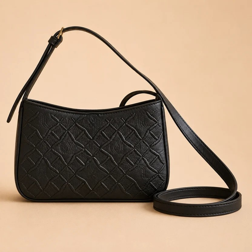 Black Quilted Shoulder Bag with Adjustable Strap
