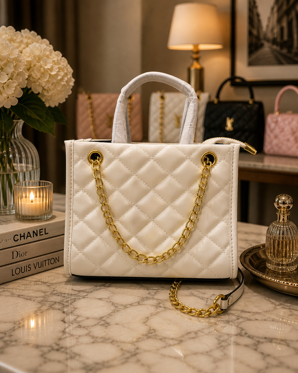 Cream Quilted Chain Handle Handbag