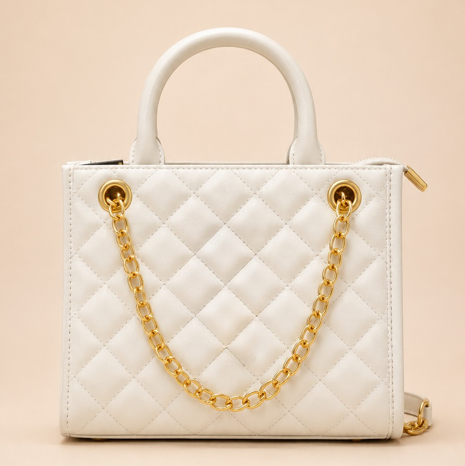 Cream Quilted Chain Handle Handbag