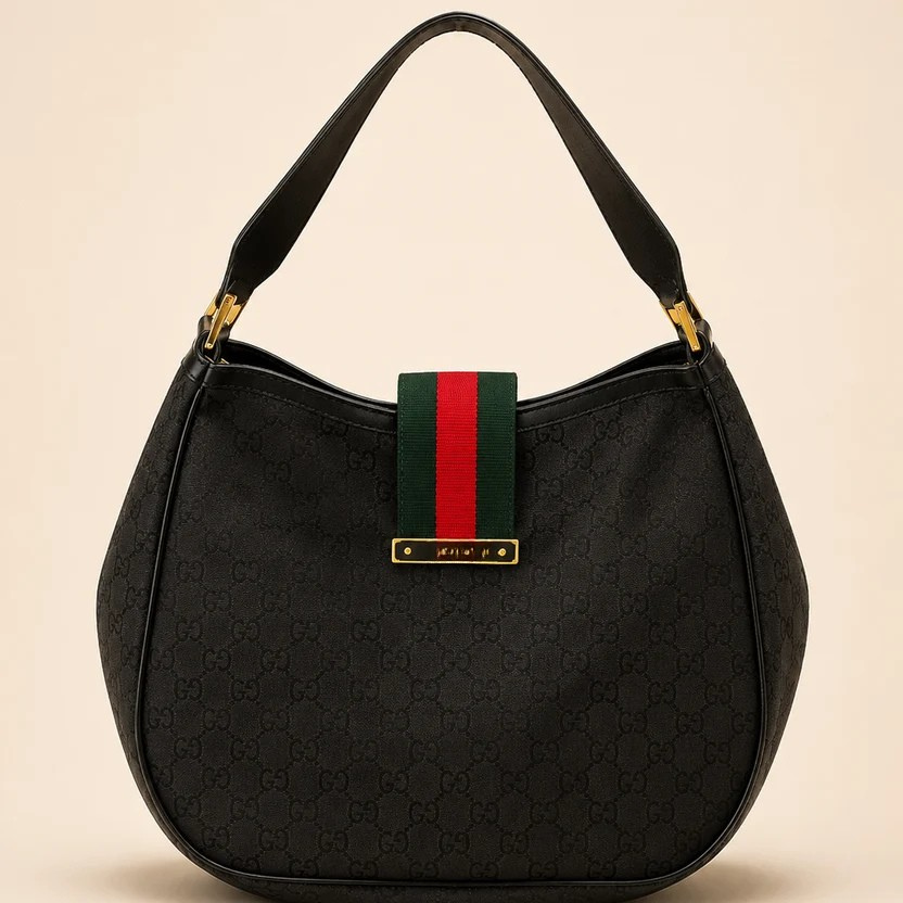 Black Patterned Shoulder Bag with Green & Red Stripe