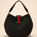 Black Patterned Shoulder Bag with Green & Red Stripe