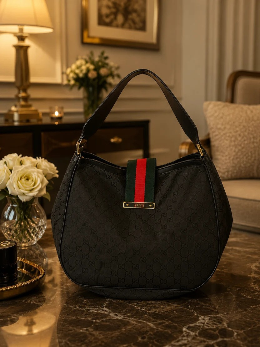Black Patterned Shoulder Bag with Green & Red Stripe