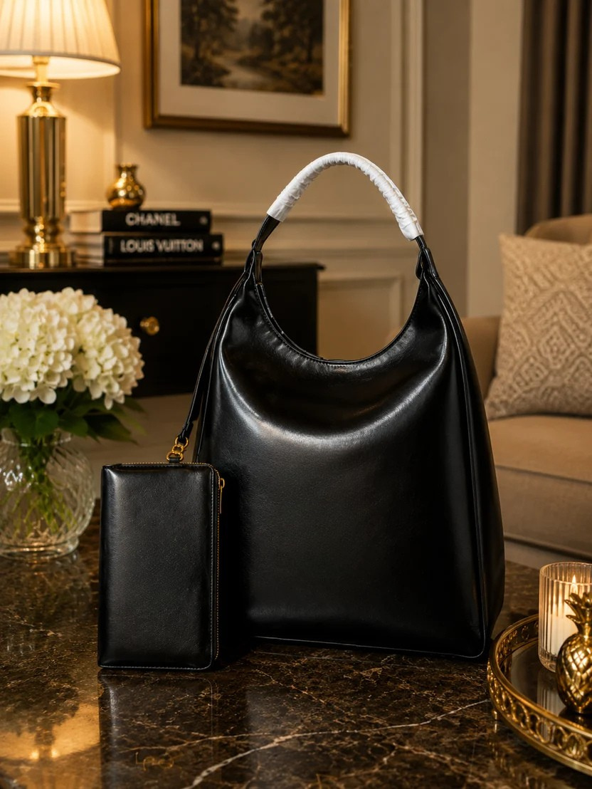 Black Slouchy Shoulder Bag with Matching Pouch