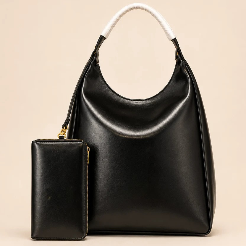 Black Slouchy Shoulder Bag with Matching Pouch