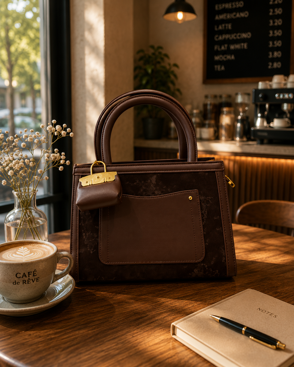 Coffee Brown Structured Hand Bag with Mini Pouch Charm & Adjustable Strap