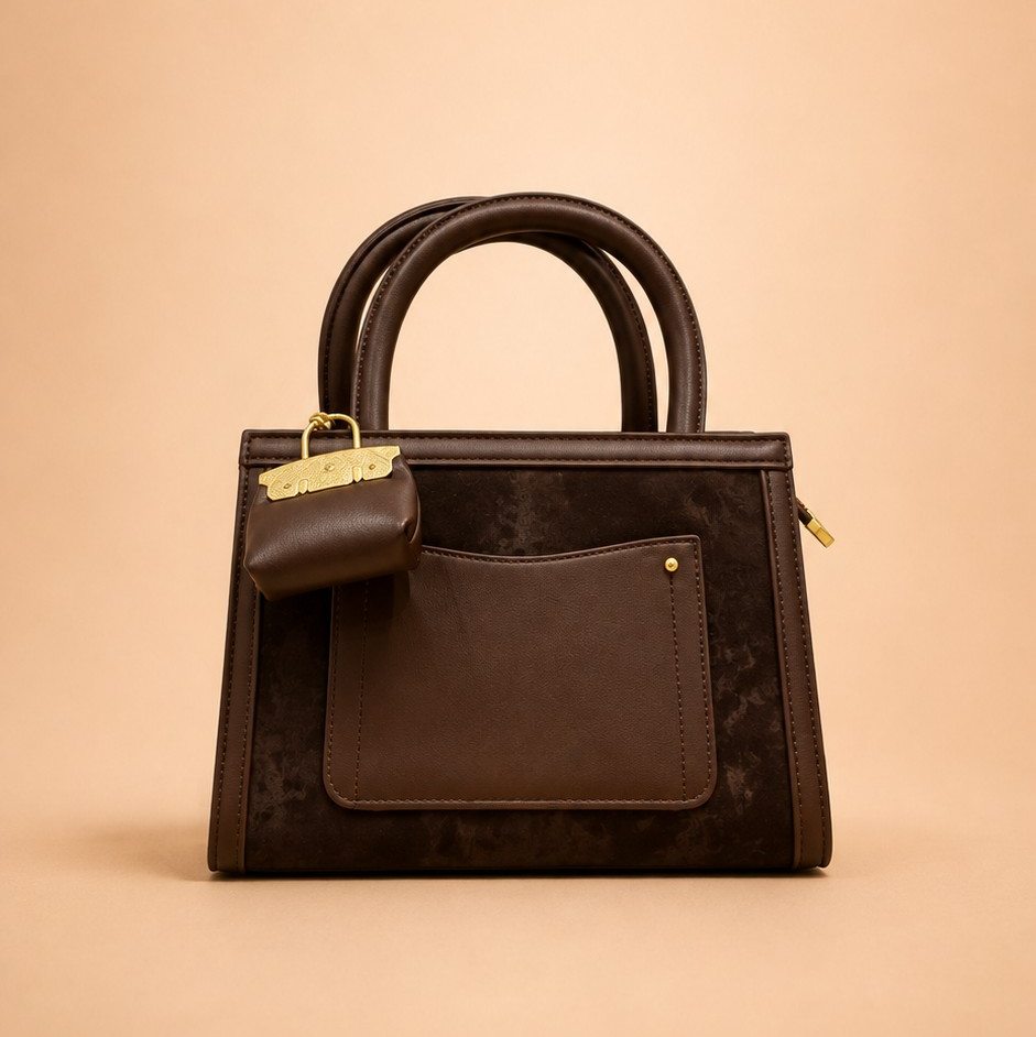 Coffee Brown Structured Hand Bag with Mini Pouch Charm & Adjustable Strap