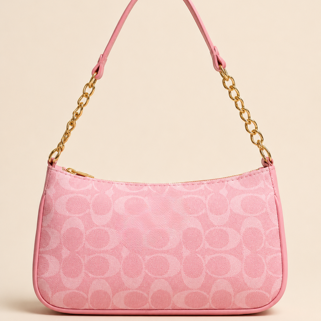 Pink Patterned Crossbody Bag with Gold Chain Strap