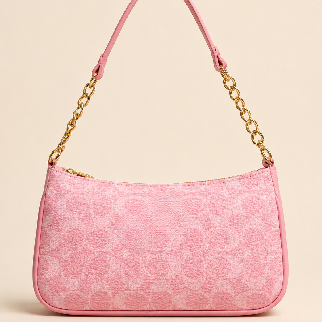 Pink Patterned Crossbody Bag with Gold Chain Strap
