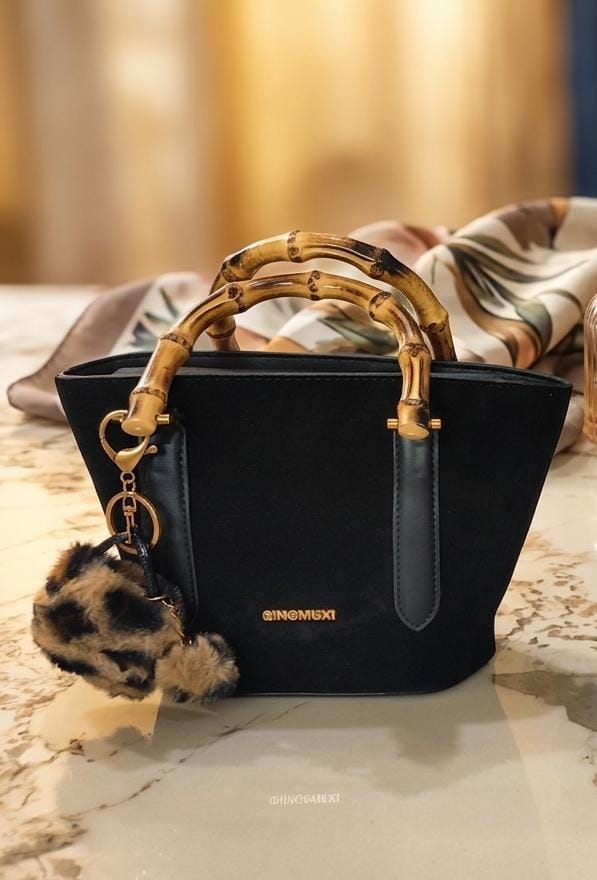 Luxury Black Suede Tote Bag with Wooden Handles