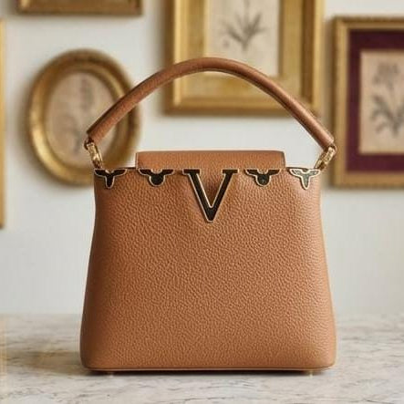 Elegant Tan Pebbled Leather Top Handle Handbag