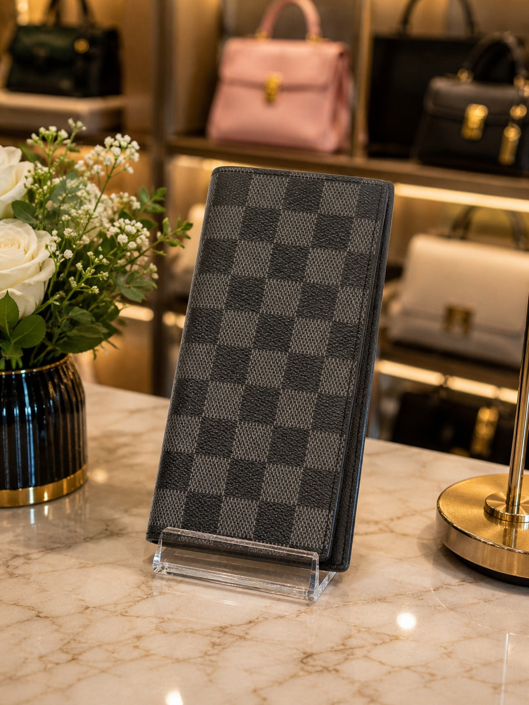 Black Textured Checkered Long Wallet