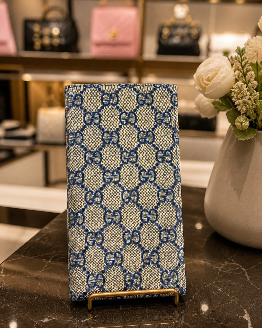 Blue Patterned Long Wallet with Classic Monogram Design
