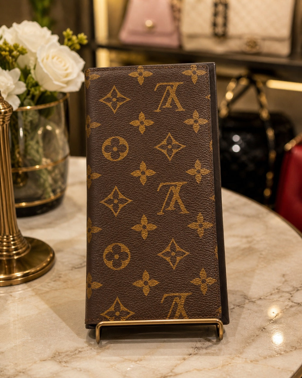 Brown Patterned Long Wallet with Gold-Tone Detailing