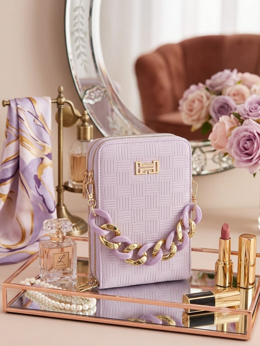 Lavender Textured Crossbody Bag with Statement Chain