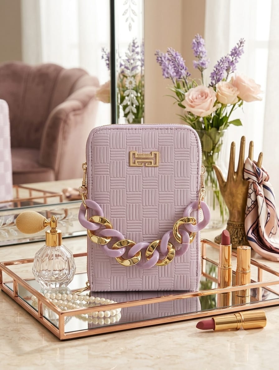 Lavender Textured Crossbody Bag with Statement Chain