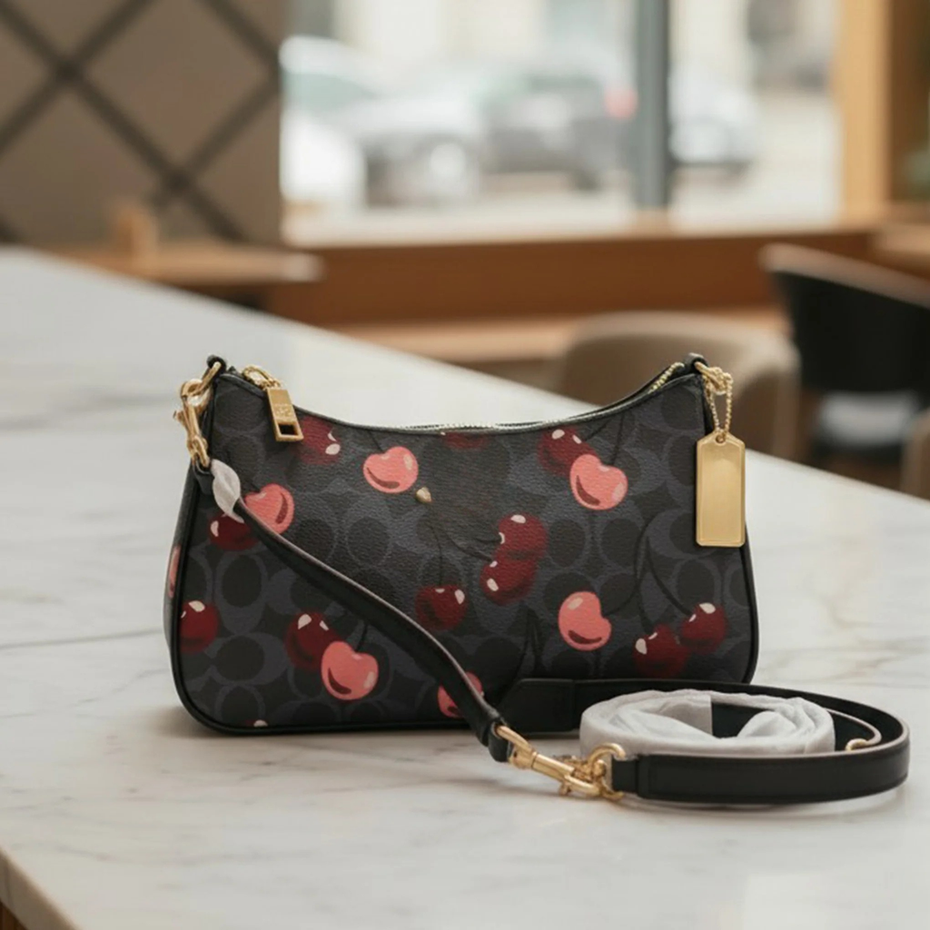 Elegant Black Cherry Print Shoulder Bag with Adjustable Strap