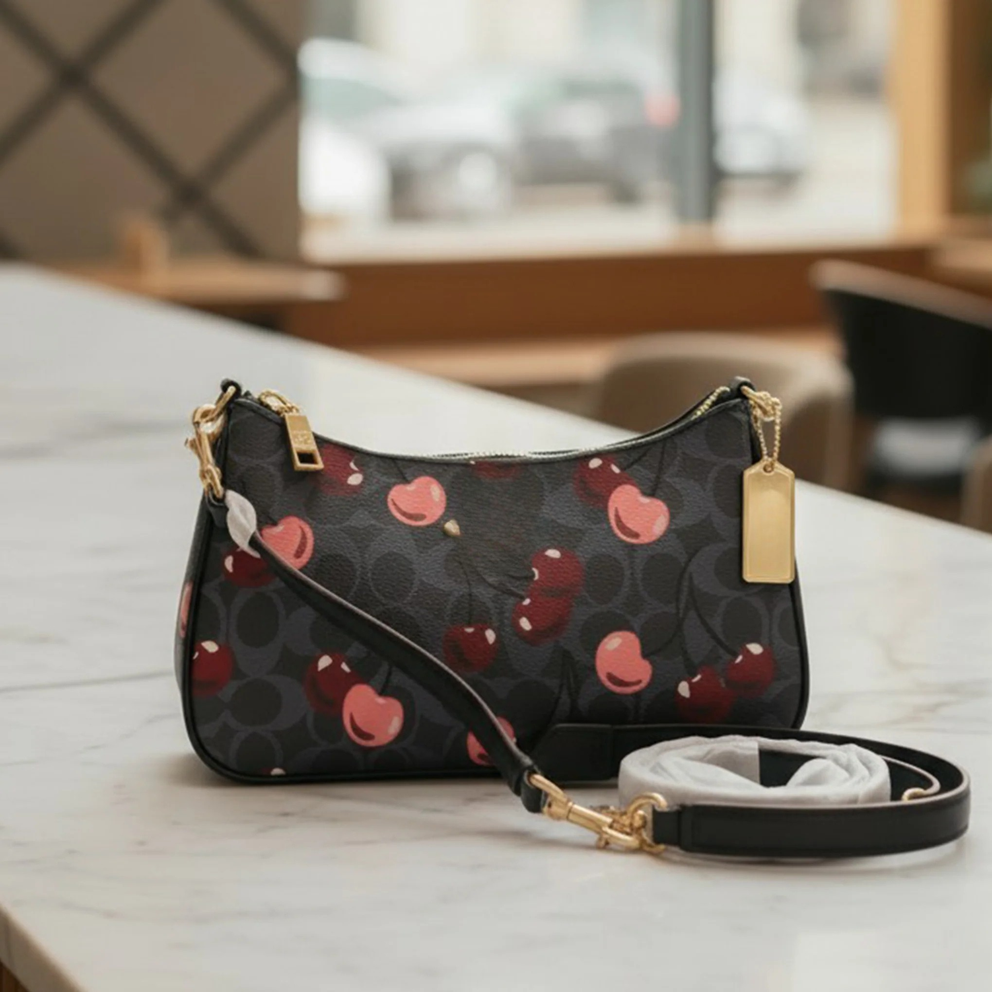 Elegant Black Cherry Print Shoulder Bag with Adjustable Strap