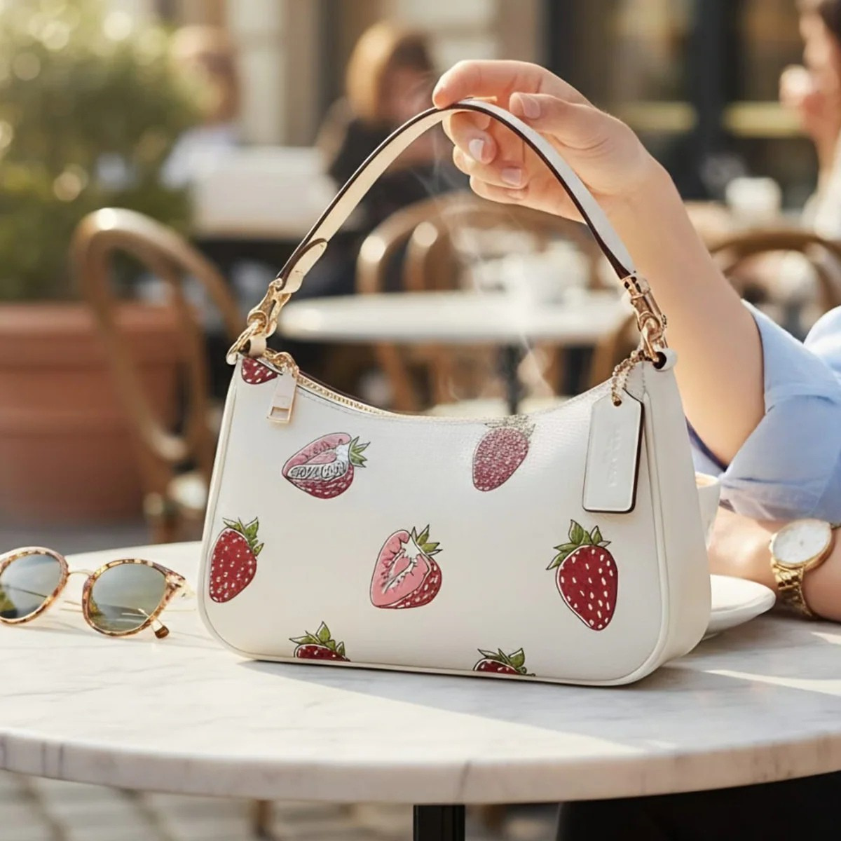 White Strawberry Print Shoulder Bag for Women