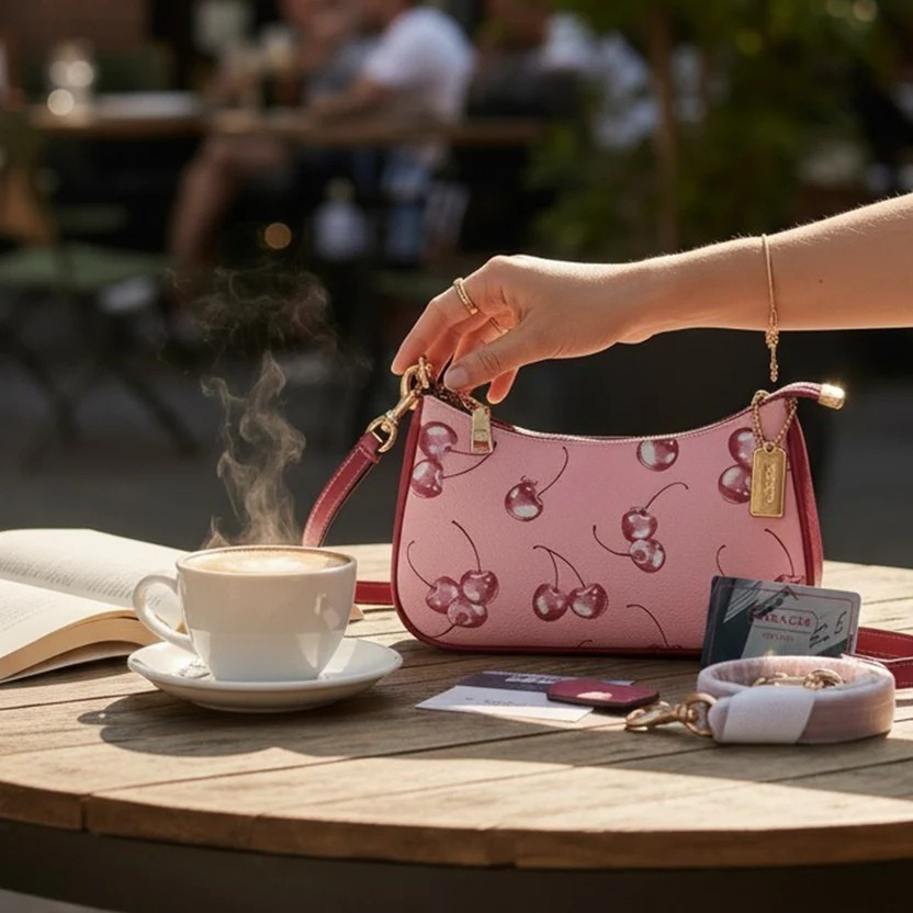 Pink Cherry Print Shoulder Bag with Adjustable Strap