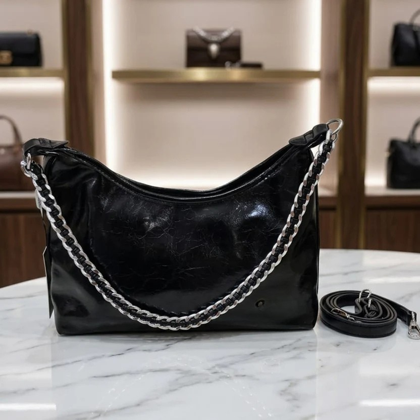 Black Glossy Shoulder Bag with Chain Strap