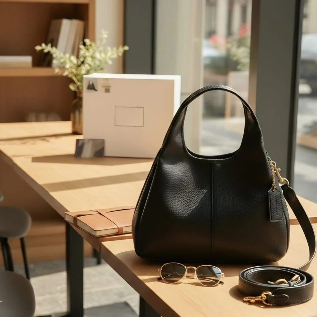 Black Leather Hobo Shoulder Bag with Adjustable Strap