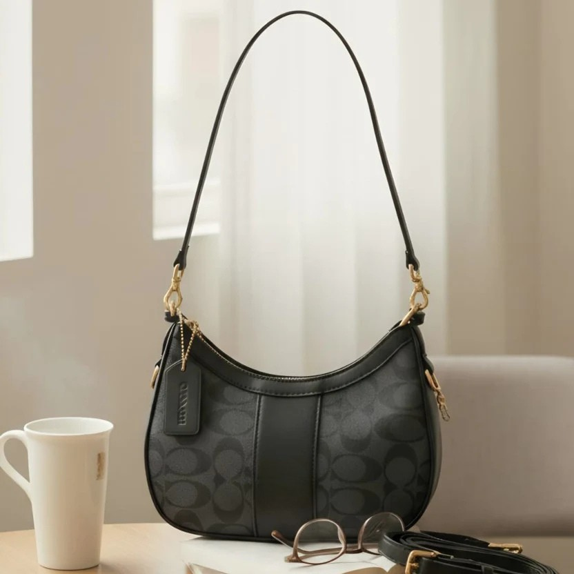 Black Monogram Shoulder Bag with Adjustable Strap