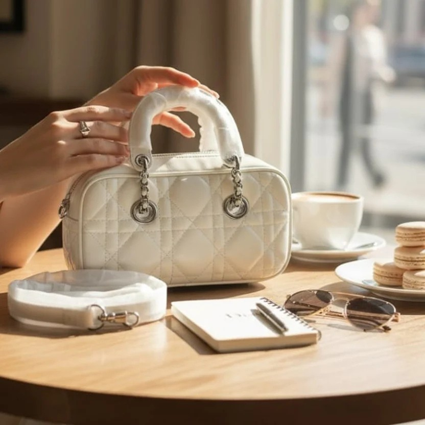 White Quilted Top Handle Bowling Bag with Shoulder Strap